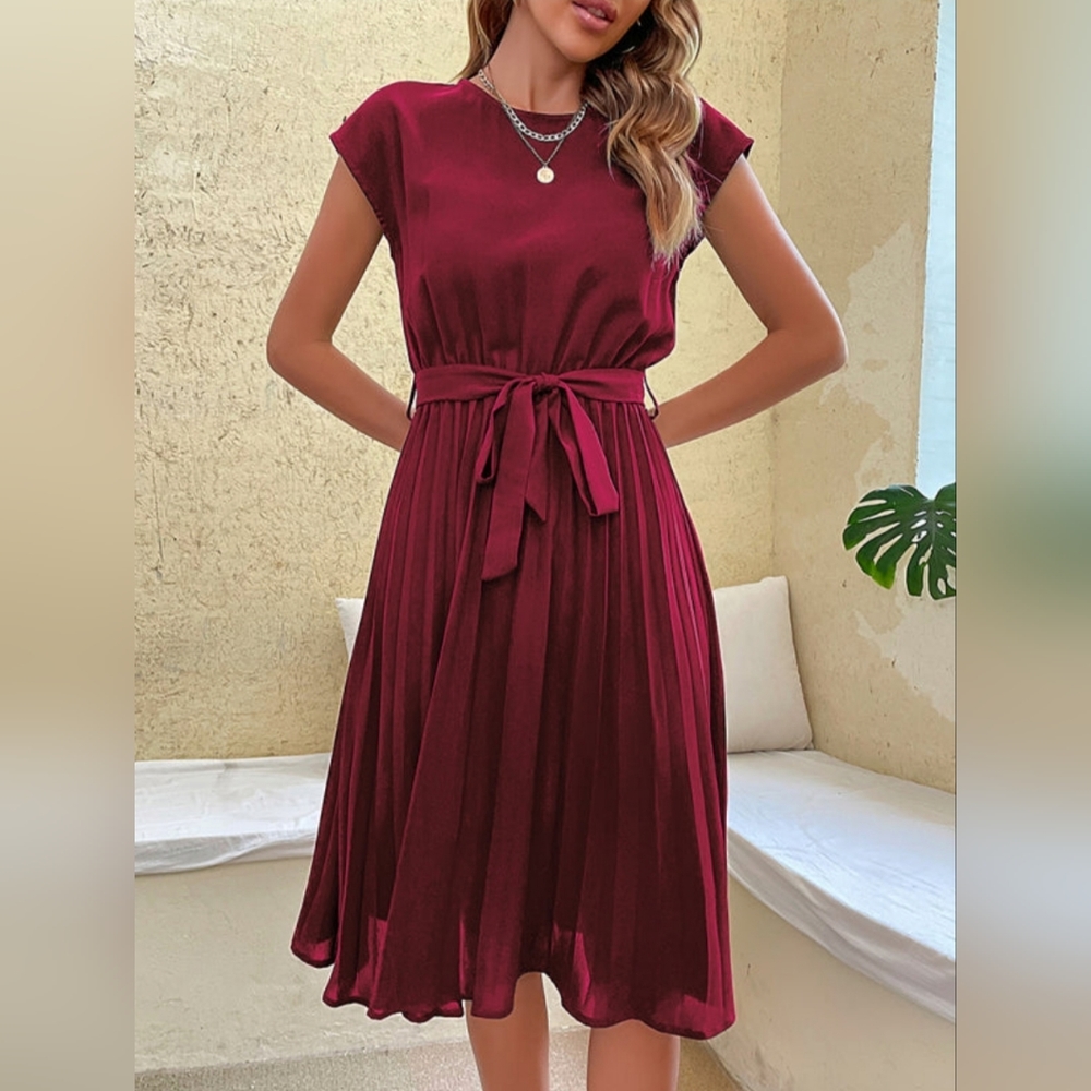 Retro Pleated Classy Modest Short Sleeve Knee Length Belted Midi Dress - Picture 9 of 12